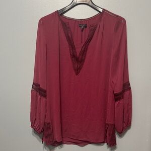 White House Black Market Deep Red Blouse with Lace Accents